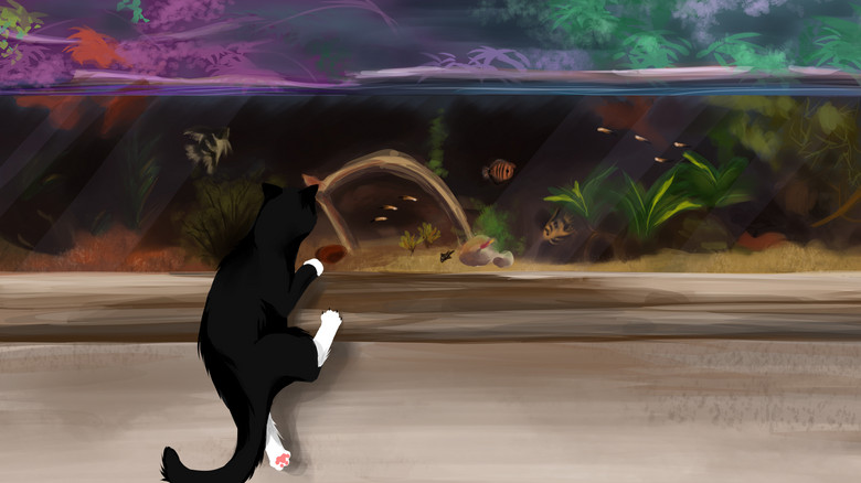 Digitale Illustration einer schwarzen Katze, die an einem Aquarium hochklettert.