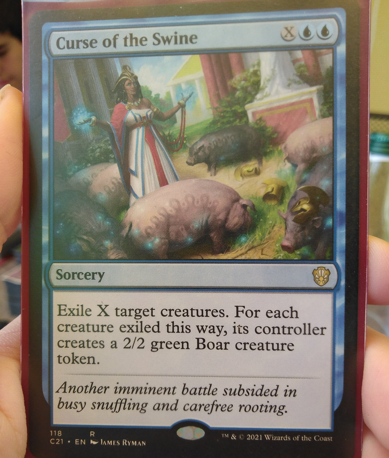 Eine einzelne Magic-Karte mit einem Schwein darauf abgebildet und englischem Text.