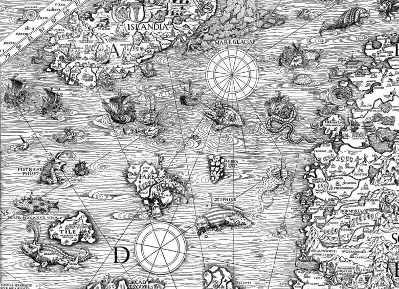 Eine alte Seekarte mit Seeungeheuern.