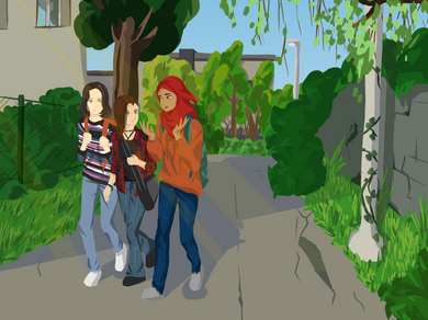 Digitale Zeichnung von drei Mädchen im Gespräch, die durch ein Wohnquartier gehen. Das Mädchen ganz rechts auf dem Bild trägt ein rotes Kopftuch.