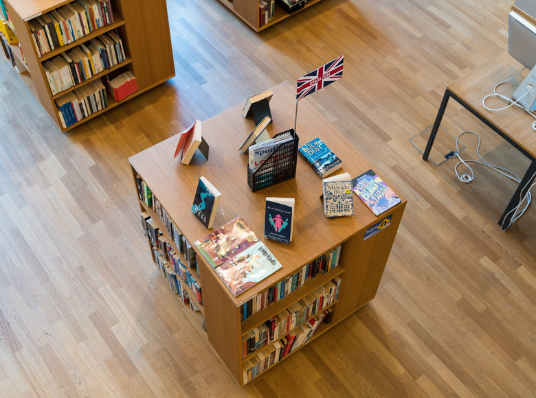 Englische Bücher in einer Bibliothek ausgestellt.