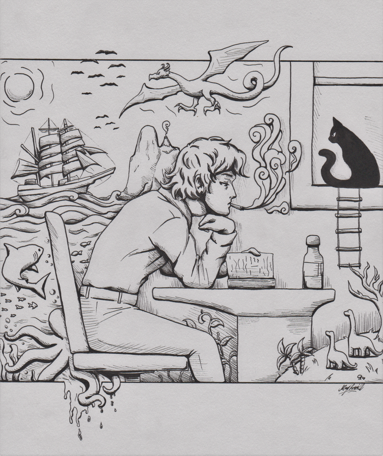 Zeichnung eines Schülers, der rauchend am Pult sitzt; vor einer Kulisse aus Meer, Schiff auf hoher See, Meerestieren.