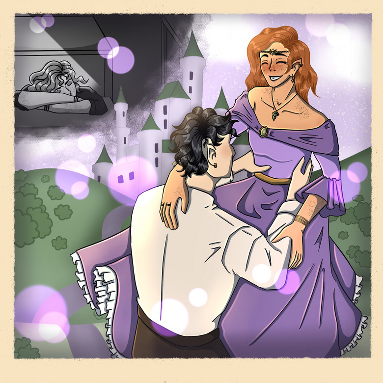Digitale Illustration einer Prinzessin, die mit einem Mann tanzt. Im Hintergrund ist ein Schloss zu sehen.