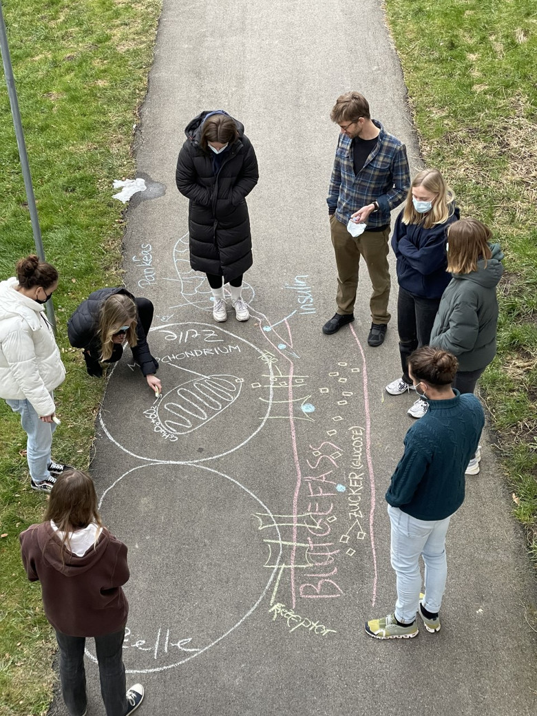 Schüler*innen stehen im Kreis und schauen auf eine Kreidezeichnung auf dem Boden.