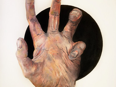 Zeichnung einer Hand vor einem schwarzen Kreis.