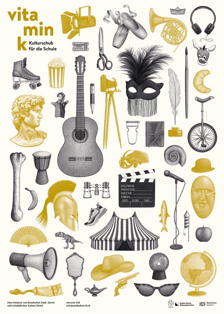 Ein Wimmelbild unter anderem mit illustrierten Musikinstrumenten und Sportgeräten. 