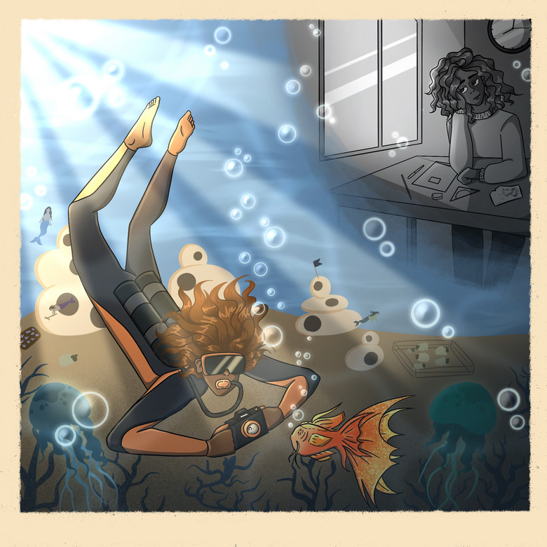 Digitale Illustration einer Taucherin, die unter Wasser ein Foto eines Goldfisches macht.