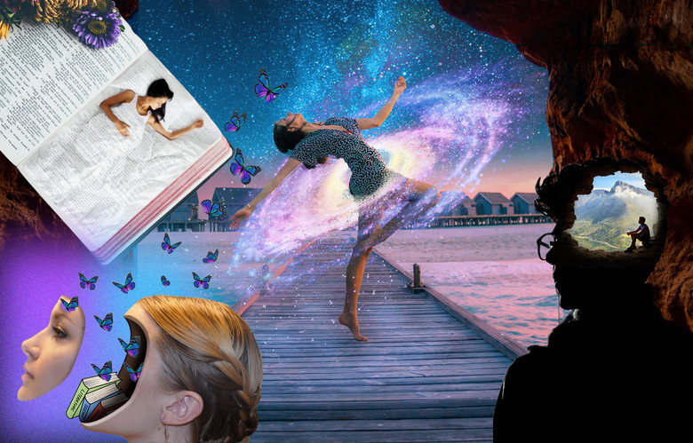 Eine fantastische digitale Zeichnung einer Tänzerin, von Büchern, einer schlafender Frau, einem Mann in einer Höhle; in Violett-Tönen.