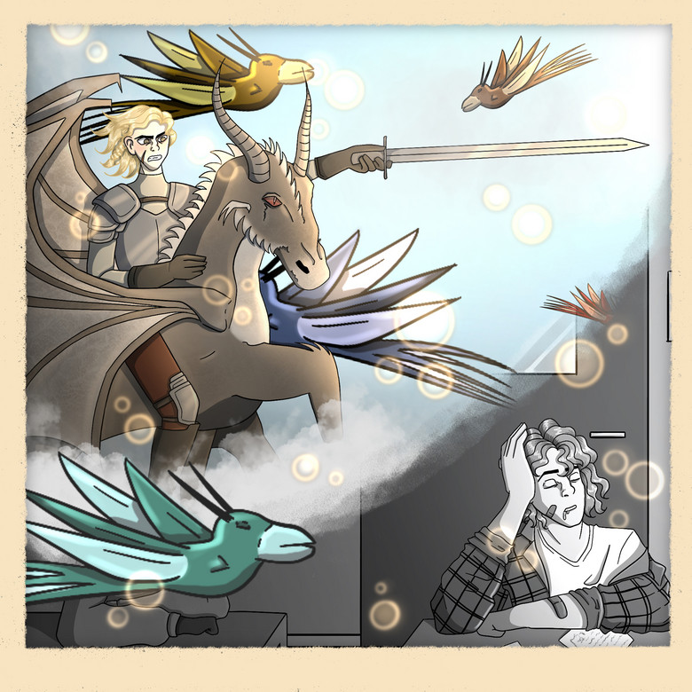 Digitale Illustration eines Ritters mit einem Schwert auf einem Pferd.