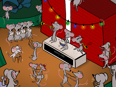 Farbenfrohe Weihnachts-Illustration mit Mäusen.