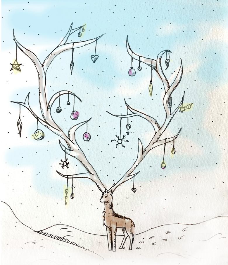 Illustration eines Hirsches mit einem grossen Geweih, an dem Geschenke hängen.