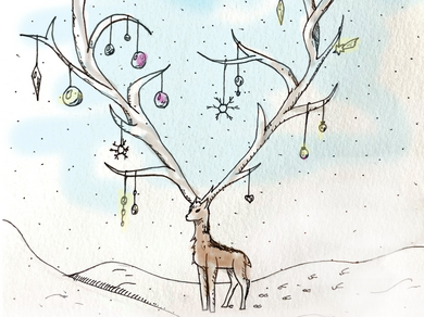 Illustration eines Hirsches mit einem grossen Geweih, an dem Geschenke hängen.