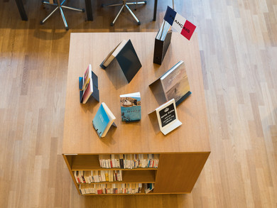 Französische Bücher in einer Bibliothek ausgestellt.