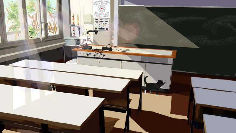 Digitale Illustration eines leeren Klassenzimmers an einem sonnigen Nachmittag.