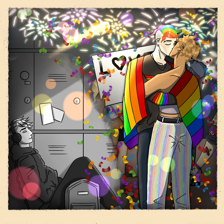 Zwei Menschen, die sich küssen umgeben von Regenbogenfarben. Im Hintergrund hängt ein Plakat mit dem Schriftzug «Love».