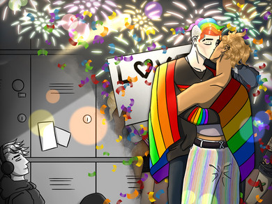 Zwei Menschen, die sich küssen umgeben von Regenbogenfarben. Im Hintergrund hängt ein Plakat mit dem Schriftzug «Love».